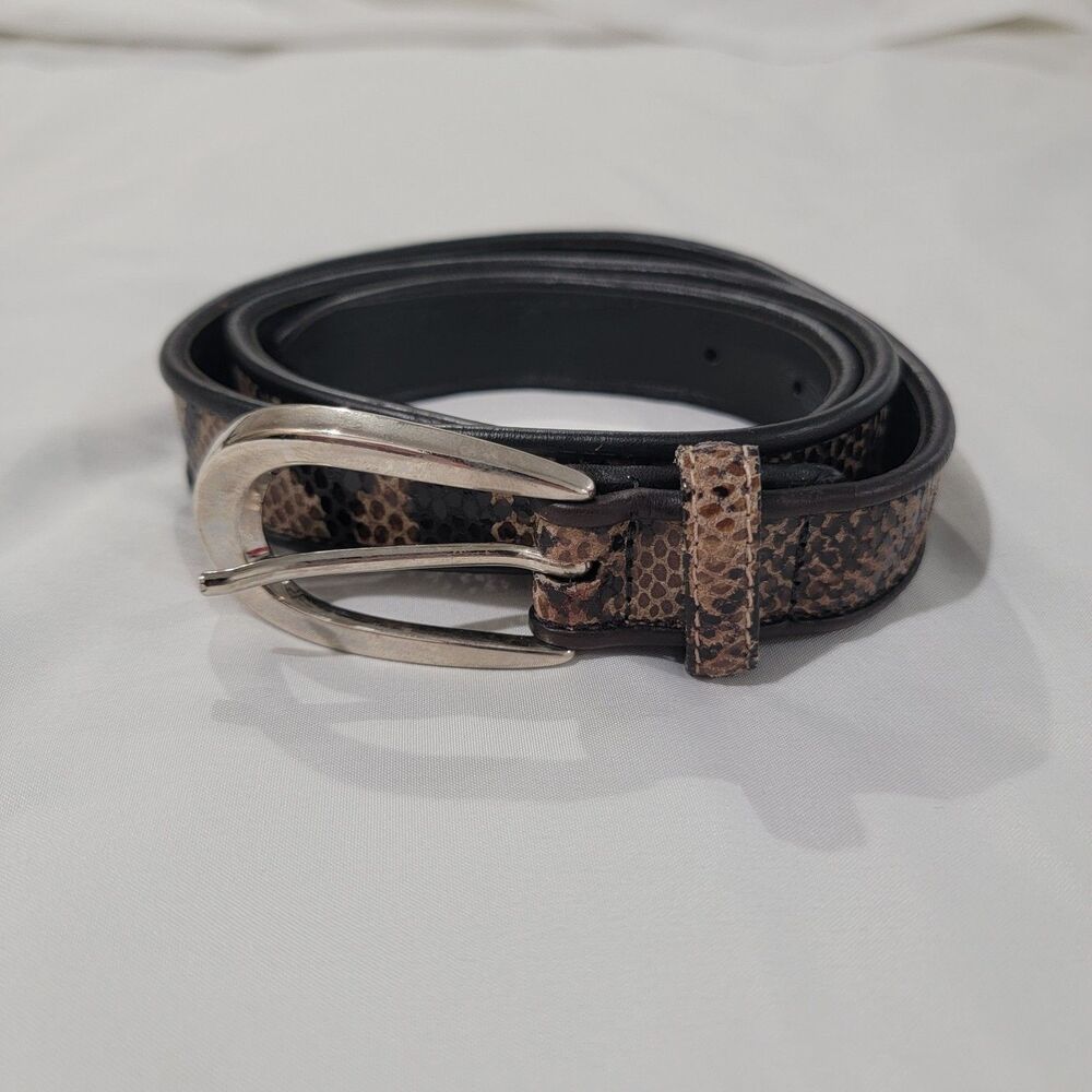 Avignon Womens Leather Belt Snake Print Black Silver Buckle Size‎ Medium Luxury